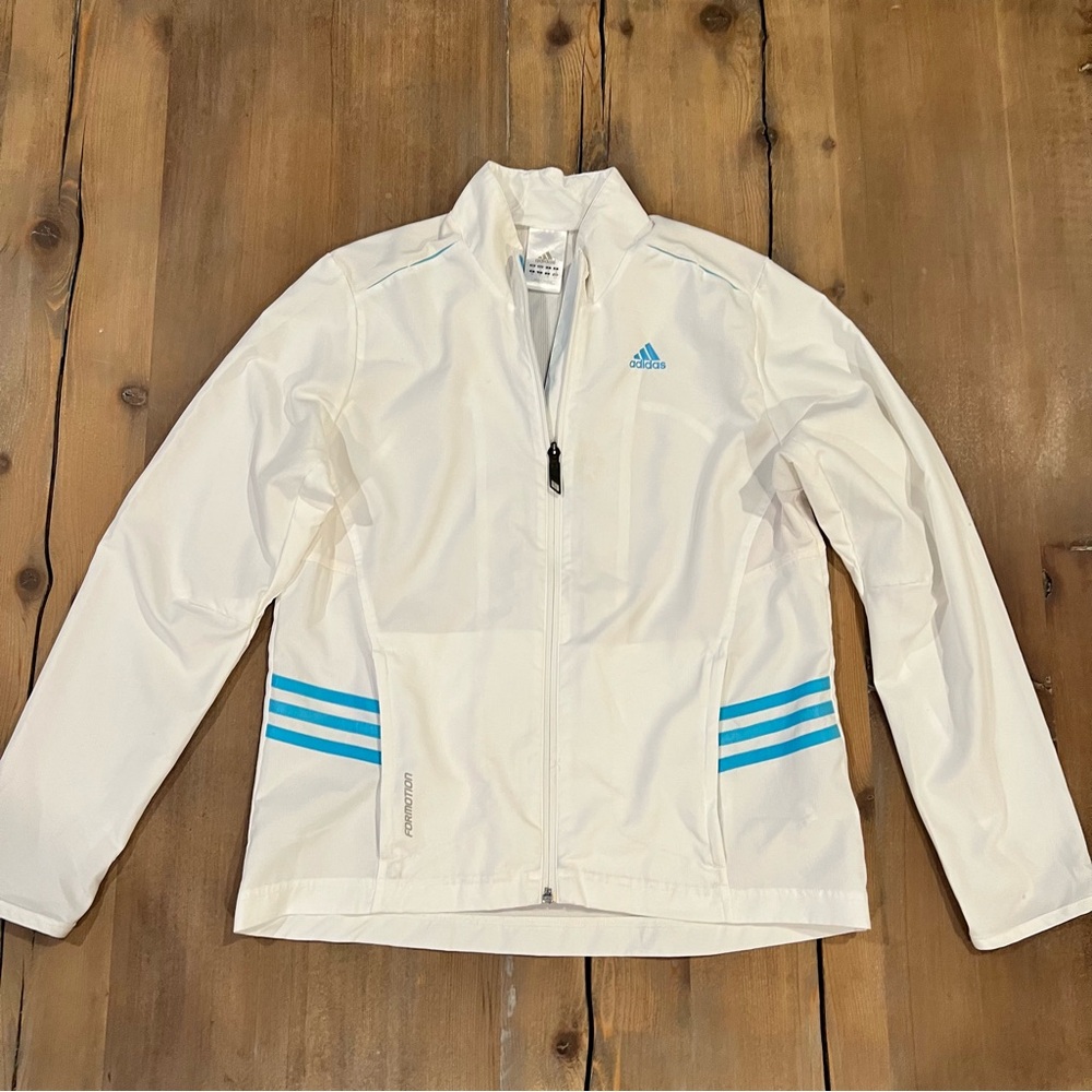 Adidas White Windbreaker Jacket with Blue Accents